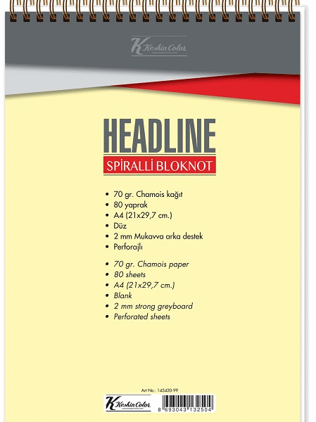 KESKİN BLOKNOT HEADLİNE A4 SPİRALLİ SARI SAYFA 80 YP. DÜZ 145420