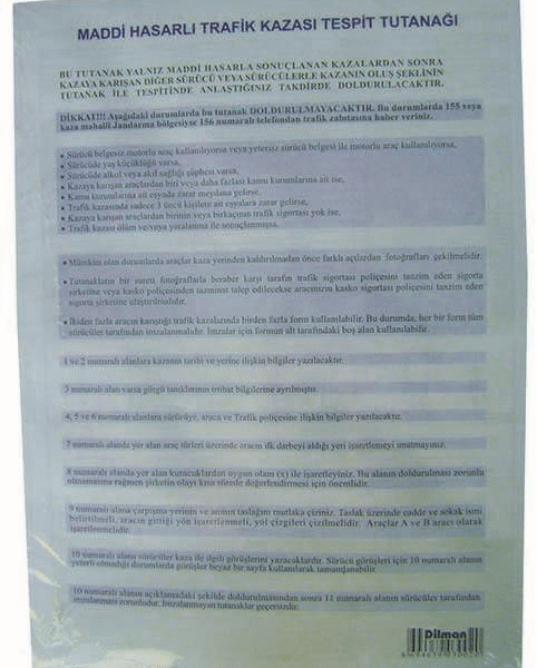 DİLMAN KAZA TESPİT FORMU OTOKOPİLİ 48 Lİ 3002