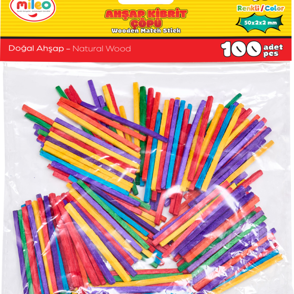 MİLEO AHŞAP ÇUBUK KİBRİT ÇÖPÜ 2 X 2 X 50 MM RENKLİ 1837