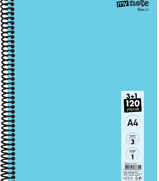 MYNOTE DEFTER FLEX KONULU PP KAPAK SPİRALLİ A4 3+1 120 YP MFXKO-3+1-120