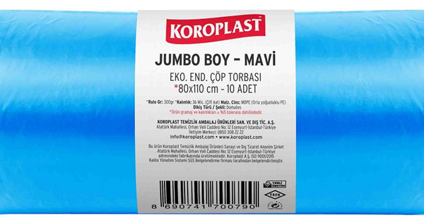 KOROPLAST ÇÖP TORBASI AĞIR SANAYİ JUMBO MAVİ 80x110 800 GR 10 LU 96 MİC. ST01500395