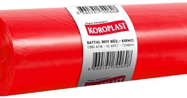 KOROPLAST ÇÖP TORBASI BATTAL 72x80 TIBBİ ATIK KIRMIZI BÜZGÜLÜ 560 GR 10 LU 100 MİC. ST01600107