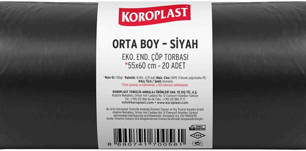 KOROPLAST ÇÖP TORBASI EKO END.SİYAH ORTA 55x60 80 GR 20 Lİ 13 MİC. ST01500328