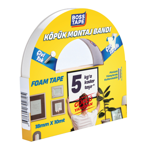 BOSS TAPE MONTAJ BANDI ÇİFT TARAFLI KÖPÜK BEYAZ 5 KG 18 MM x 10M BLS. BT-01011