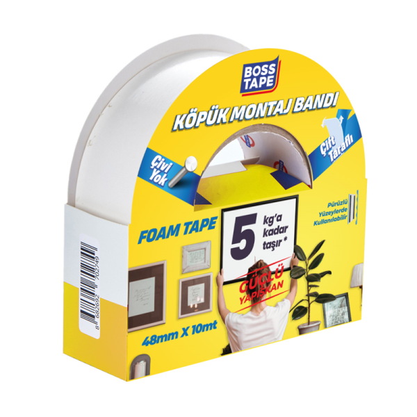 BOSS TAPE MONTAJ BANDI ÇİFT TARAFLI KÖPÜK BEYAZ 5 KG 48 MM x 10M BLS. BT-01014