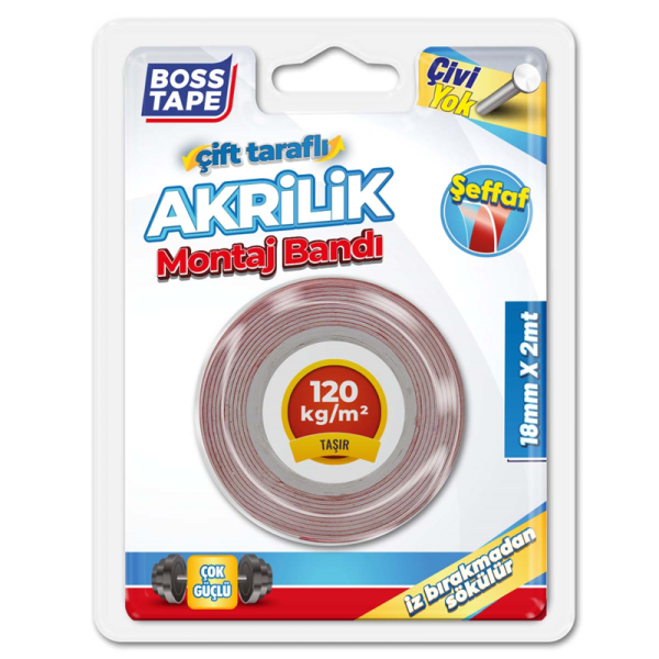 BOSS TAPE MONTAJ BANDI ÇİFT TARAFLI AKRİLİK ŞEFFAF 18 MM x 2M BLS. BT-01001