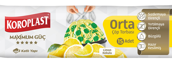 KOROPLAST ÇÖP TORBASI ORTA 55x60 BÜZGÜLÜ EKSTRA GÜÇLÜ LİMON KOKULU 15 Lİ ST01600154