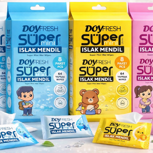DOY FRESH SUPER MINI WET WIPES ISLAK MENDİL 64 YAPRAK 8 Lİ PAKET (PINK)